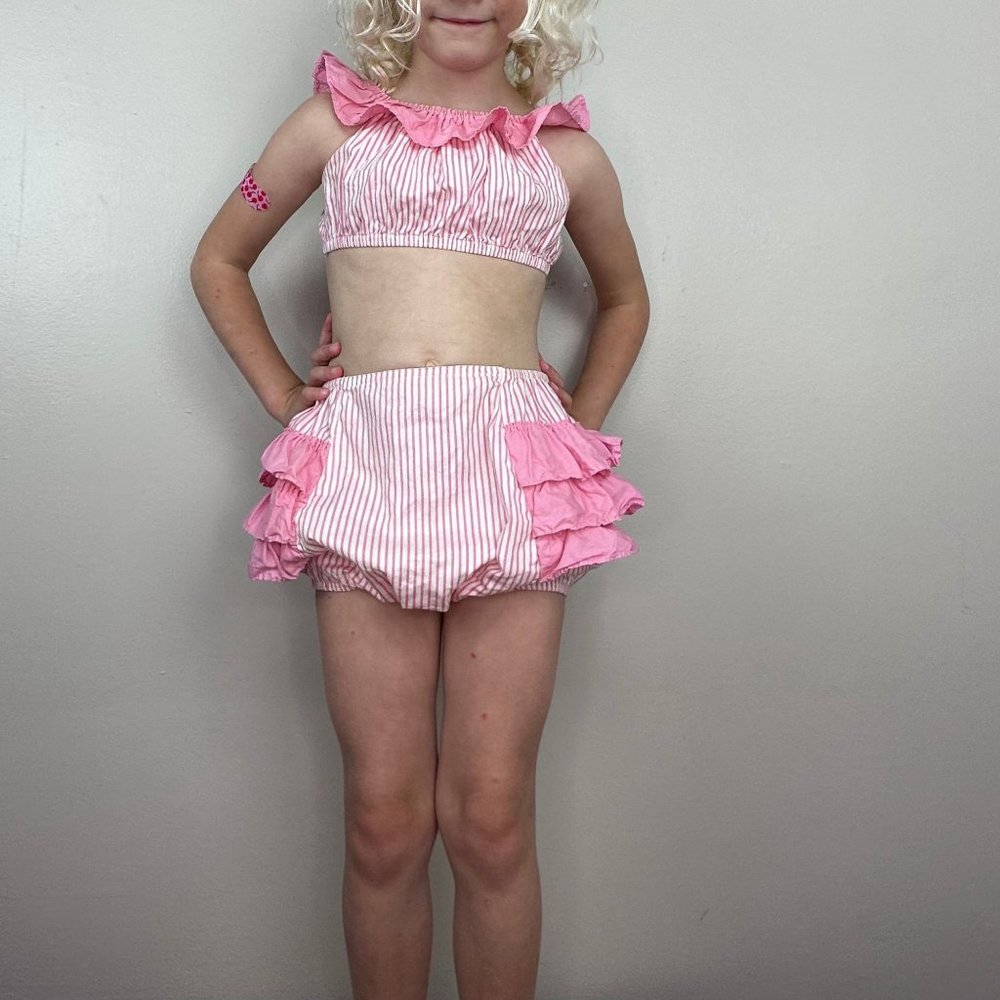 Vintage 1950s Pink Playsuit Set, Kids Size 4t, Crop Top and Ruffle Butt Bloomers